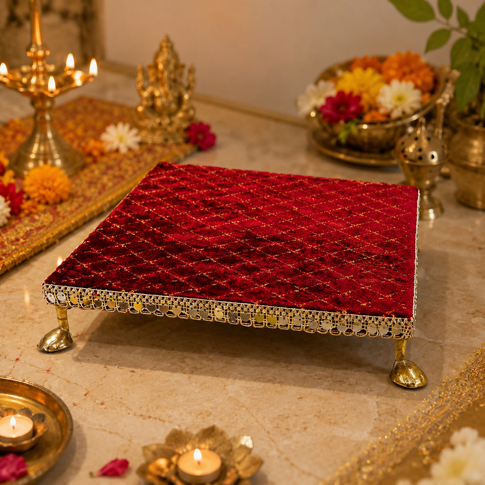 Handcrafted Red Velvet Wooden Pooja Chowki with Mirror Lace