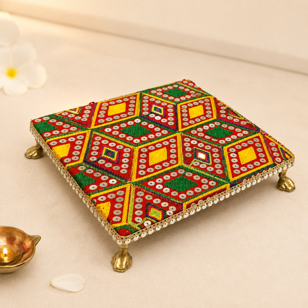 Colorful Ethnic Square Pooja Chowki for Home Temple Decor