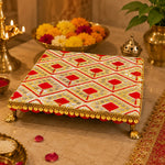 Handcrafted Red & Gold Geometric Embroidered Pooja Chowki