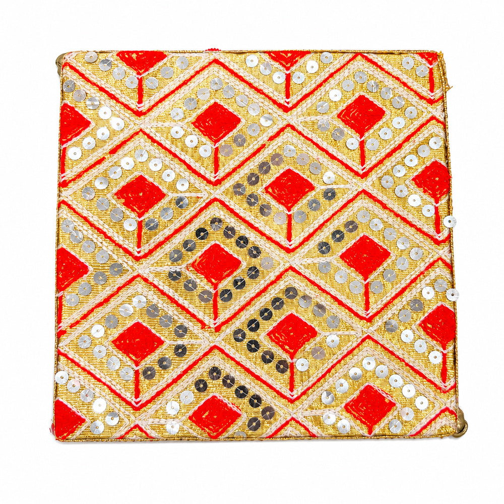 Handcrafted Red & Gold Geometric Embroidered Pooja Chowki