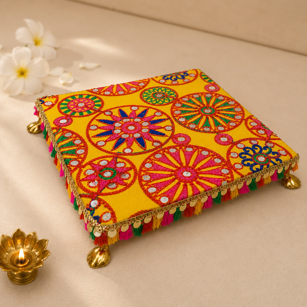 Premium Handcrafted Yellow Fabric Wooden Pooja Chowki