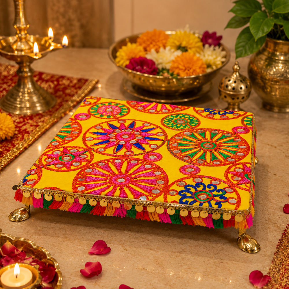 Premium Handcrafted Yellow Fabric Wooden Pooja Chowki