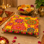 Premium Handcrafted Yellow Fabric Wooden Pooja Chowki