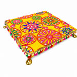Premium Handcrafted Yellow Fabric Wooden Pooja Chowki
