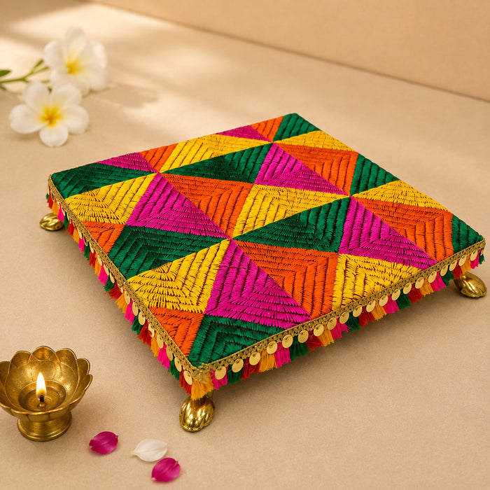 Hand Embroidered Multi-Tone Wooden Pooja Chowki