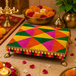 Hand Embroidered Multi-Tone Wooden Pooja Chowki