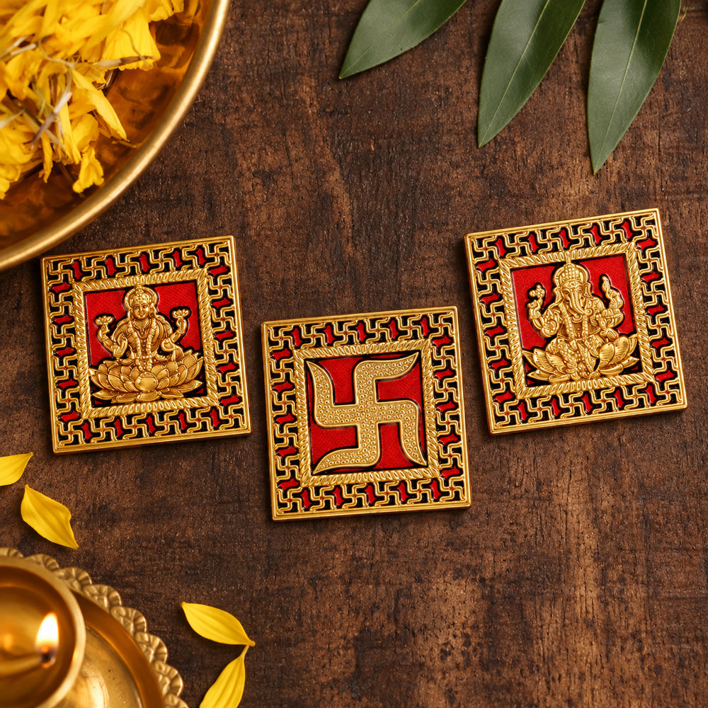 Traditional Red & Golden Swastik Framed Laxmi Ganesha Stickers