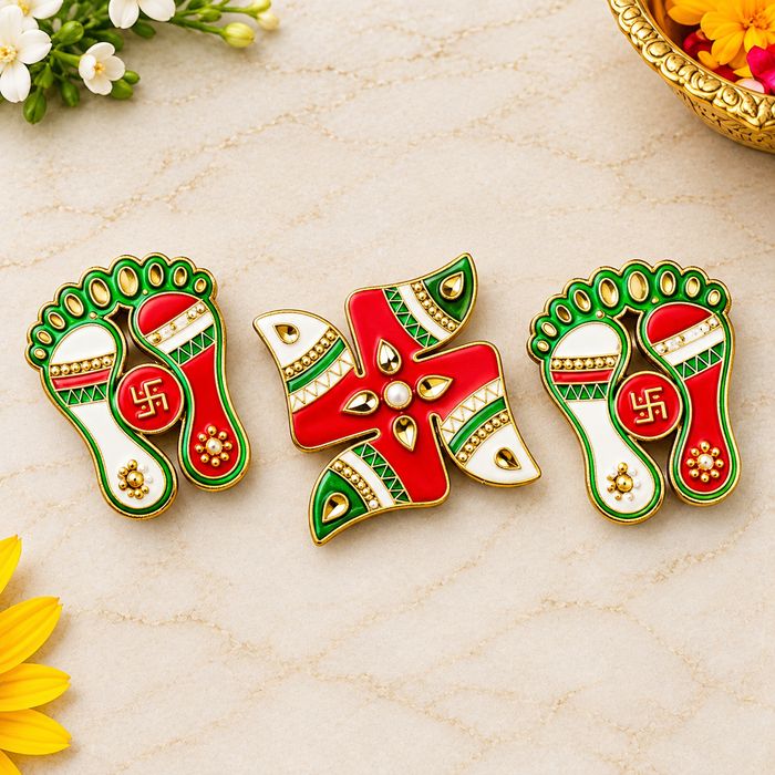 Glow Swastik and Charan Paduka Stickers Set of 3