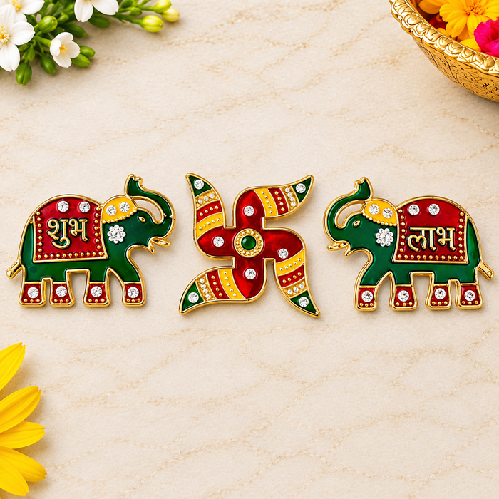 Traditional Royal Green & Red Elephant Shubh Labh Stickers