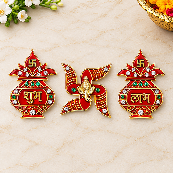 Luminous Red Shubh Labh and Swastik Stickers Set of 3