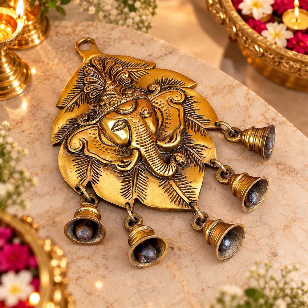 9 Inch Brass Decorative Ganesh Wall Hanging (Leaf Shape)