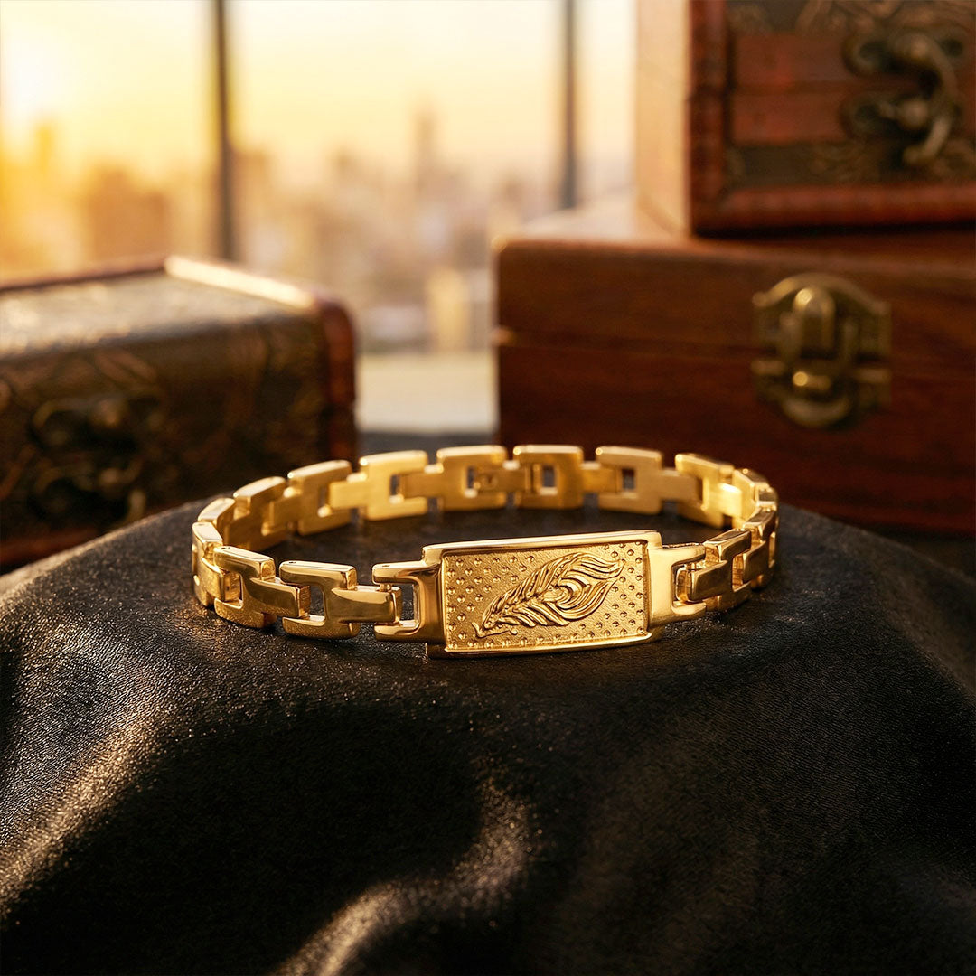 Gold Plated Feather Bracelet with premium IGP coating featuring elegant feather design – adjustable symbolic bracelet for daily wear and gifting. India’s Largest Pooja Accessories Brand - www.satvikstore.in