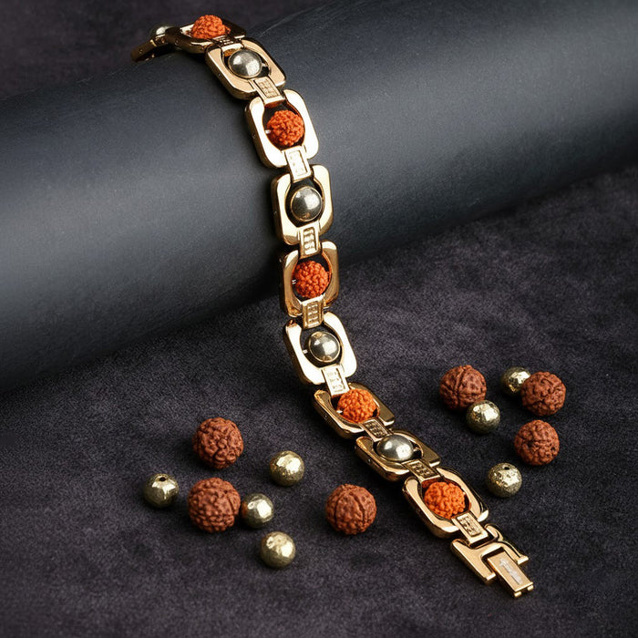 Gold Plated Pyrite Rudraksha Bracelet with Premium IGP Coating – Spiritual and Energized Unisex Jewelry India’s Largest Puja Accessories Brand- www.satvikstore.in