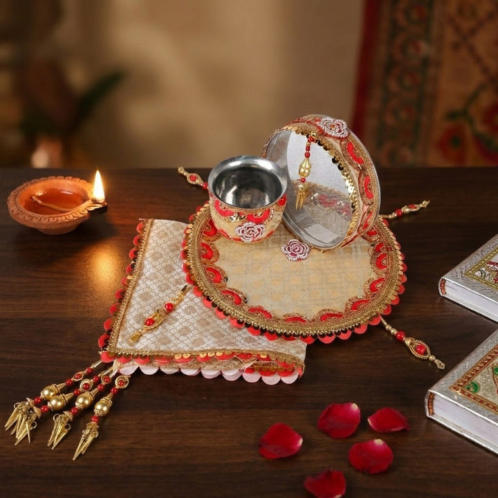 Golden Floral Karwa Chauth Thali Set | India’s Largest Pooja Accessories Brand – www.satvikstore.in