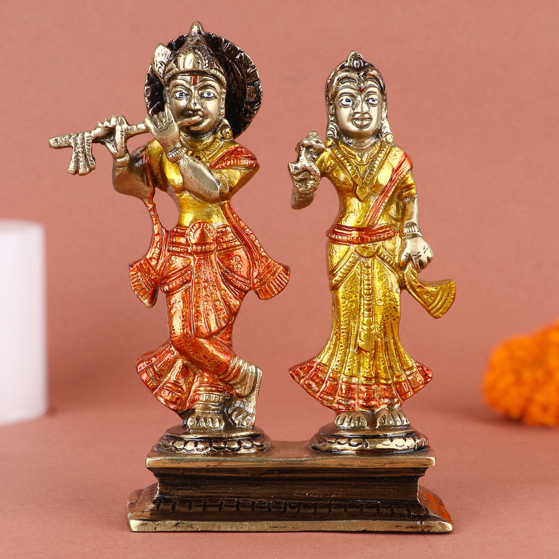 5.9 Inch Gorgeous Radha Rani and Krishna Kanhaiya Colorful Brass Idol – A beautifully crafted statue symbolizing love and divine unity, perfect for worship and decor. No.1 Brass Idol Store www.satvikstore.in 