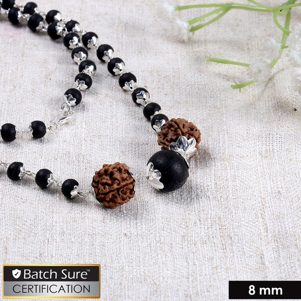 Govt. certified 8mm silver-plated Karungali mala with natural Rudraksha and Karungali beads, traditional spiritual prayer necklace for daily wear. India’s Largest Puja Accessories Brand- www.satvikstore.in