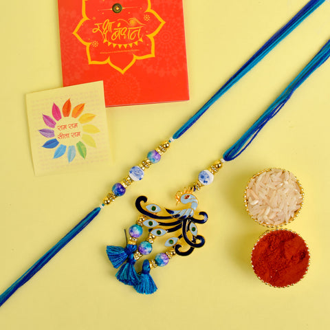 Designer Couple Rakhi Set for Bhaiya and Bhabhi with Roli Chawal and Ram Sita Stickers – Raksha Bandhan Gift Combo. India’s Largest Brass Idols Brand - www.satvikstore.in