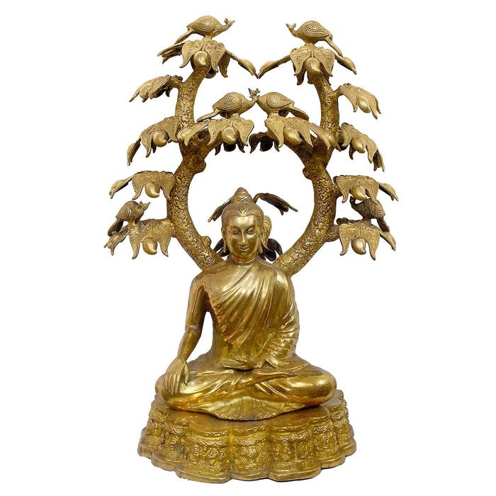 Handcrafted brass statue of Buddha seated in meditation under a tree with turtles and birds. Best for VIP Gift, best for big premium gift, best for your meditation space, symbol of peace and enlightenment. India's Largest Puja Accessories Brand - Satvik No. 1 Brass Idol Collection  