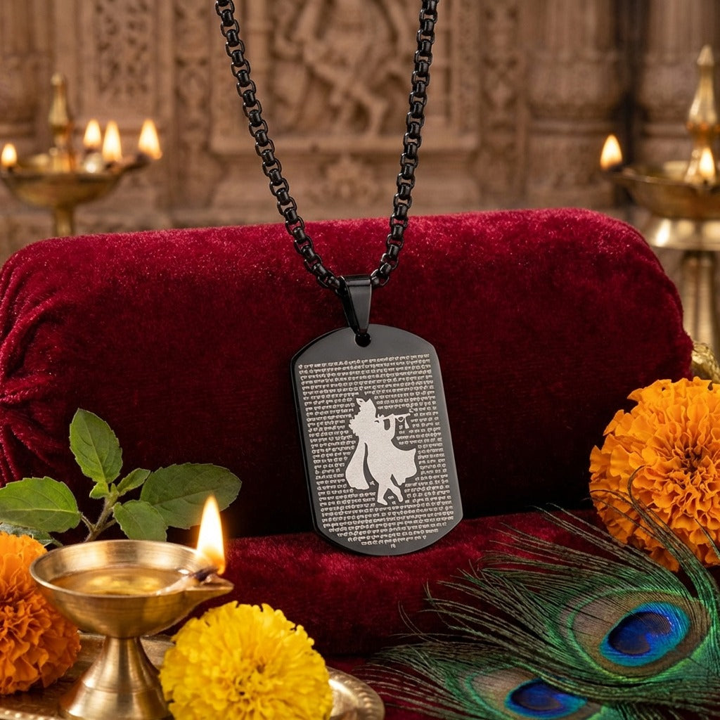 Hare Krishna Hare Rama microcarved black pendant with sacred mantra engraving. India’s Largest Pooja Accessories Brand - www.satvikstore.in