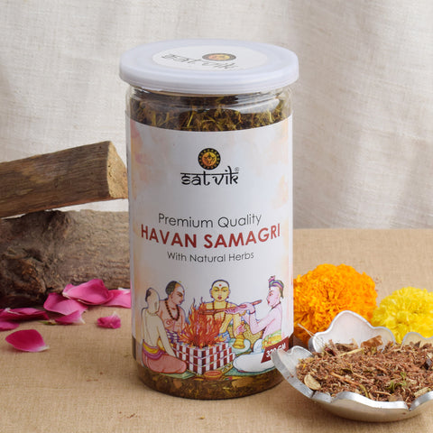 Hawan Samagri with Natural Herbs is a powerful blend of sacred ingredients designed for pure and spiritual rituals. This high-quality mix ensures a complete and effective hawan experience, purifying the environment and attracting positive energy – India’s Largest Pooja Accessories Brand – www.satvikstore.in
