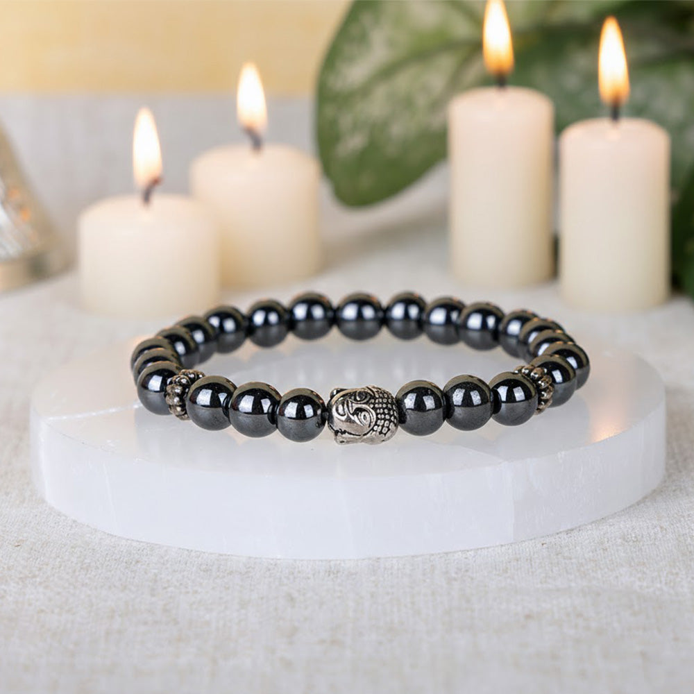 Hematite healing stone bracelet with silver Buddha charm and 8mm beads India’s Largest Pooja Accessories Brand - www.satvikstore.in