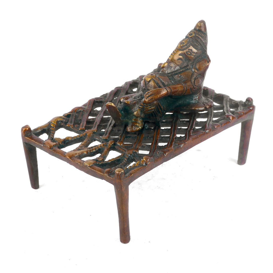 3.3 Antique Brass Ganesha Relaxing On Charpoy