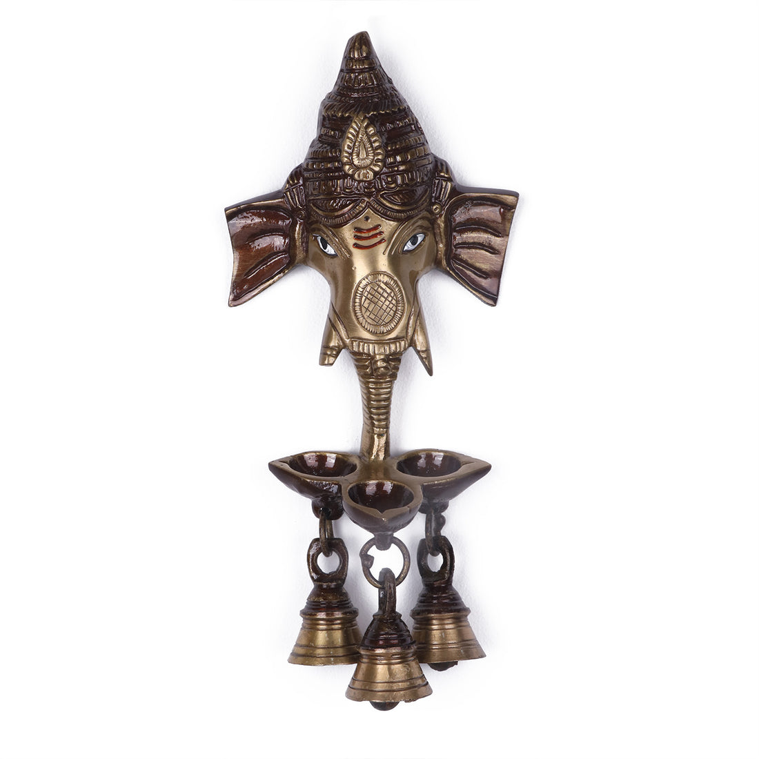 8.8 Inch Brass Ganesh With Bell And Diya Wall Hanging
