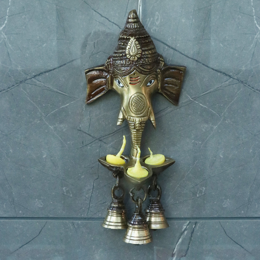 8.8 Inch Brass Ganesh With Bell And Diya Wall Hanging