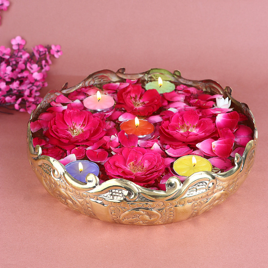 Elegant Floral Design Embossed Brass Urli For Decor