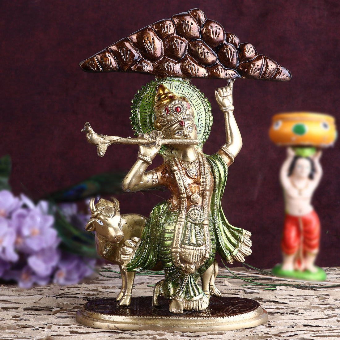3.9 Inch Brass Krishna Hold Mount Govardhan Idol