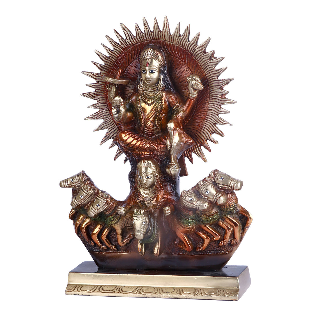 Lord Narayana since he stands in for the three Vedas: Rg, Yajur, and Sama. Gayatri, Brhati, Usnik, Jagati, Tristup, Anustup, and Pankti are the names of the seven horses yoked to the chariot of the Lord Sun. These names of several Vedic meters refer to the seven horses pulling the chariot of the Lord Sun.