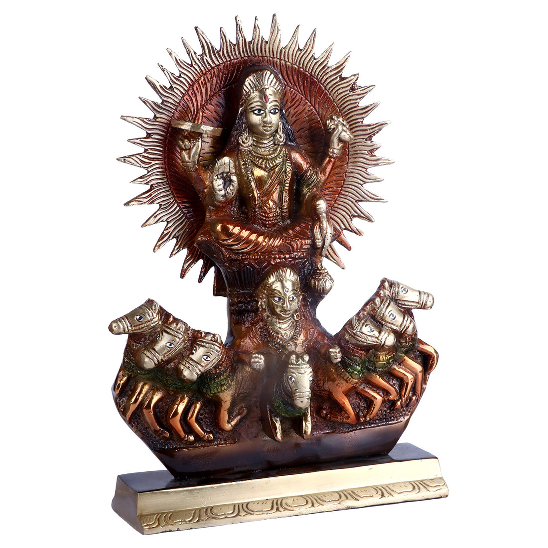Lord Narayana since he stands in for the three Vedas: Rg, Yajur, and Sama. Gayatri, Brhati, Usnik, Jagati, Tristup, Anustup, and Pankti are the names of the seven horses yoked to the chariot of the Lord Sun. These names of several Vedic meters refer to the seven horses pulling the chariot of the Lord Sun.