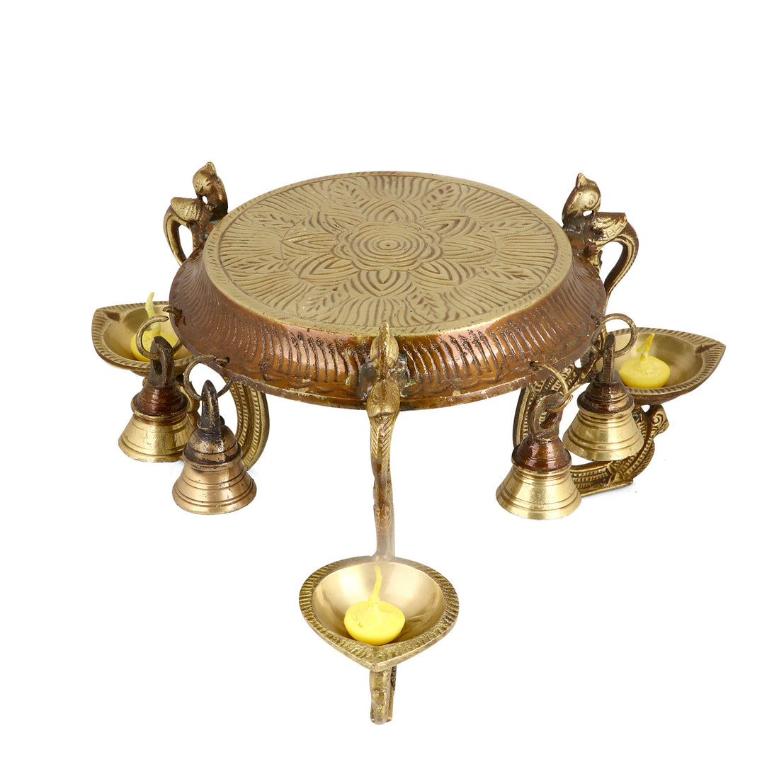 6.1 Inch Decorative Brass Chowki With Diya and Bell