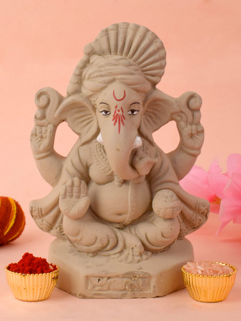 6.2 Inch Jaswand Eco-Friendly Ganesh Idol featuring Lord Ganesha adorned with hibiscus-inspired design, made from natural clay. India’s Largest Pooja Accessories Brand – www.satvikstore.in