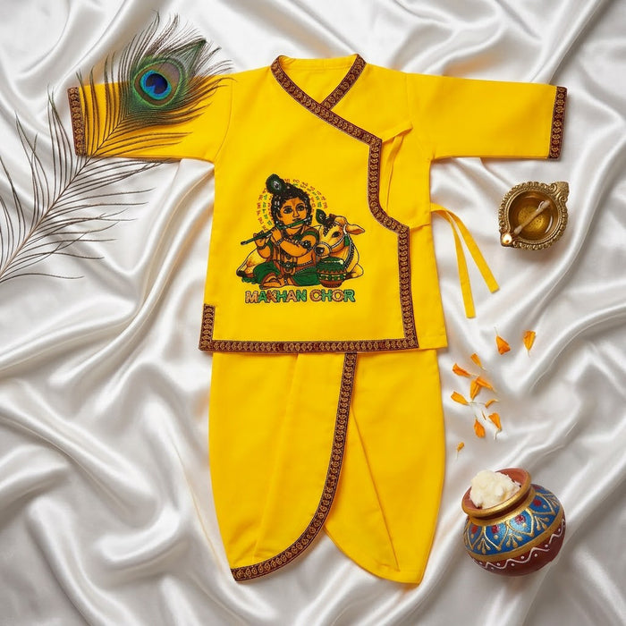 Size 2 Makhan Chor Yellow Krishna Dress with Pink Border