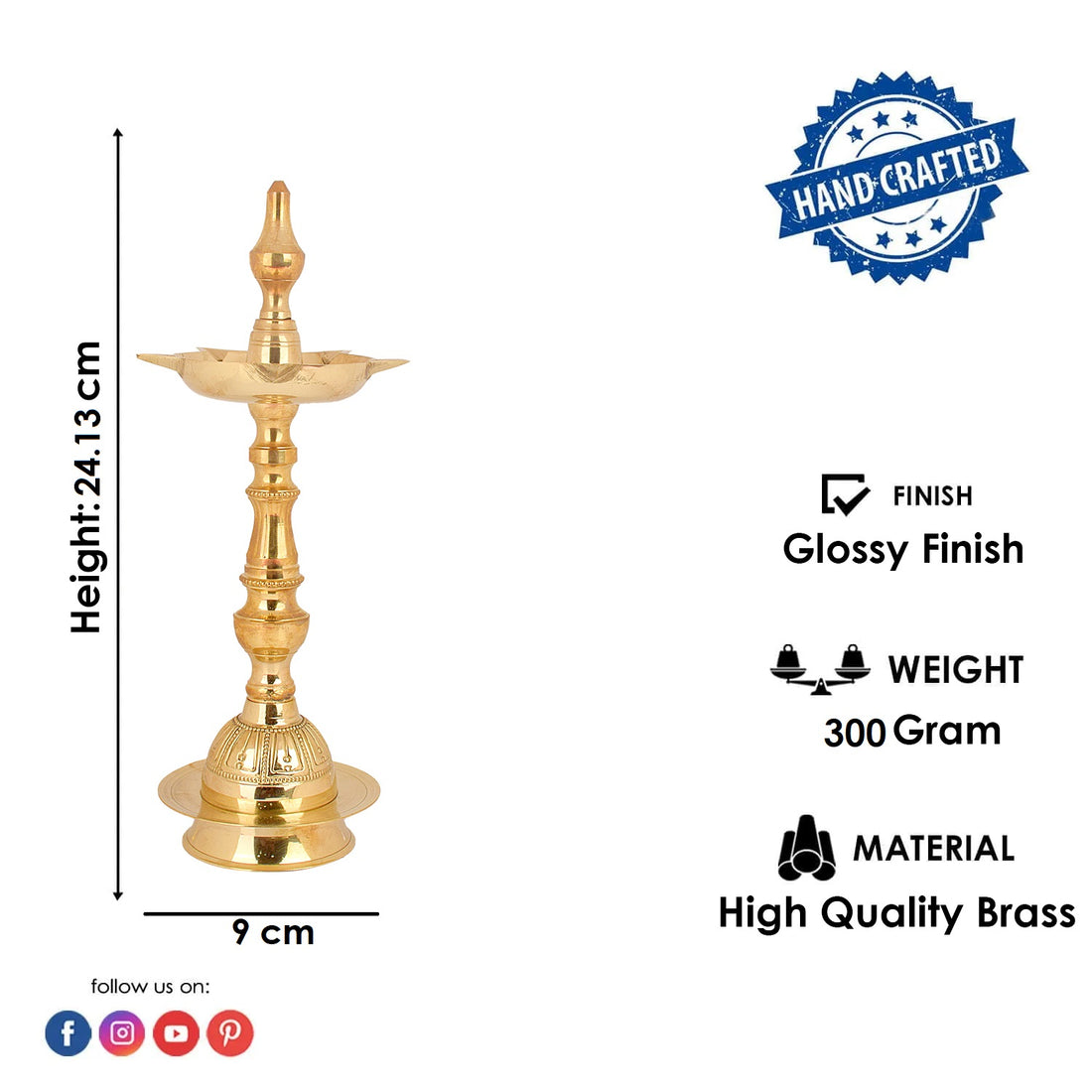 9.5 Inch Embossed Kalash Kerala Brass Diya