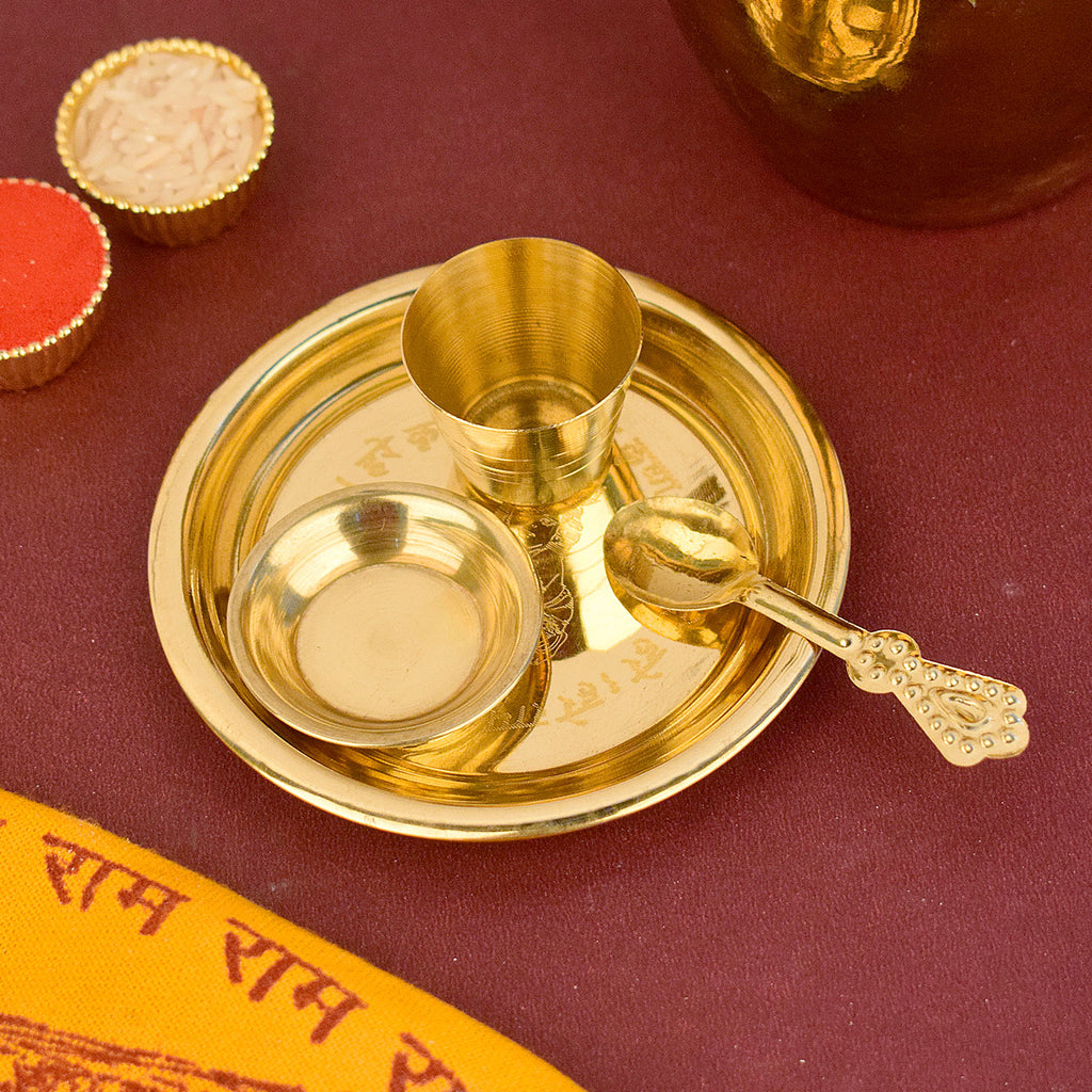 4 Pc Embosed Ladoo Gopal Pooja Bhog Thali Set – Traditional Aarti Plate for Home, Temple, and Festive Rituals | satvikstore.in