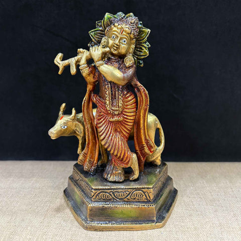 6.9 Inch Lovely Krishna with Cow Brass Idol – Beautifully Handcrafted Statue of Lord Krishna Playing Flute Beside a Cow, Symbolizing Love, Harmony, and Divine Grace for Home Temple and Decor. No.1 Brass Idol Store www.satvikstore.in 