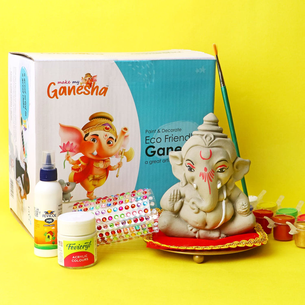 Make My Ganesha DIY Kit Option 3 with unpainted Ganpati idol, eco-friendly paints, brush, and decor accessories – perfect creative activity set for kids. India’s Largest Pooja Accessories Brand – www.satvikstore.in