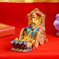 Metal Ganpati on Rath statue, featuring Lord Ganesha seated on a beautifully detailed chariot (rath), symbolizing strength, wisdom, and divine blessings. Perfect for spiritual decor and religious ceremonies.India’s Largest Pooja Accessories Brand – www.satvikstore.in 