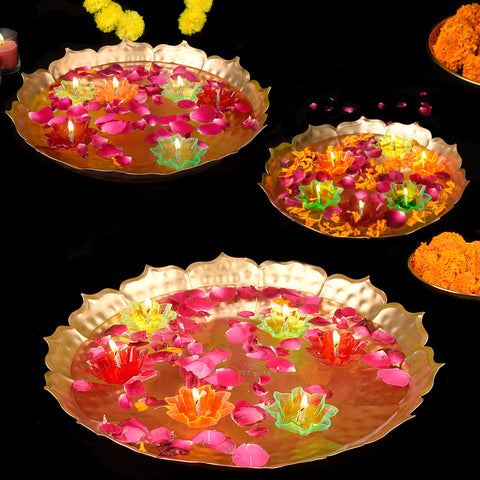 Metal Lotus Shape Urli for Decor with Floating Diya (Pack of 3) – Elegant lotus-shaped metal urli set with floating diyas, perfect for home, office, or festive décor. India’s Largest Pooja Accessories Brand – www.satvikstore.in