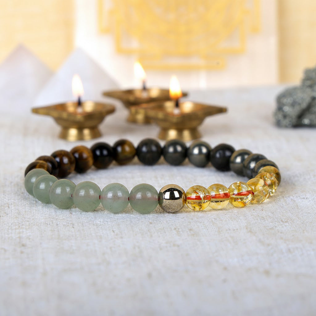 Money magnet dhan yog healing stone bracelet with pyrite citrine tiger eye green aventurine beads. India’s Largest Pooja Accessories Brand - www.satvikstore.in