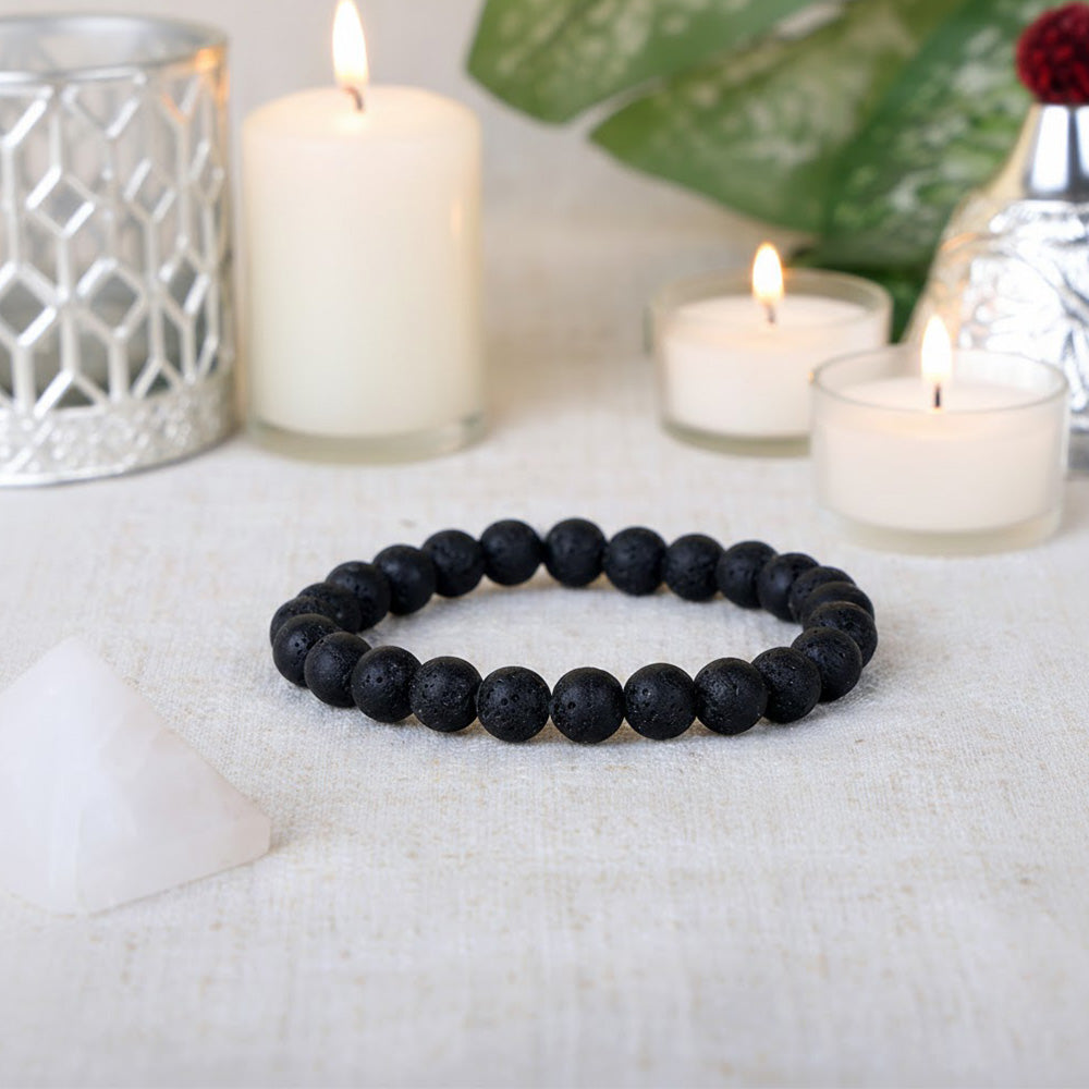 Natural black lava stone healing beaded bracelet with porous 8mm volcanic beads. India’s Largest Pooja Accessories Brand - www.satvikstore.in