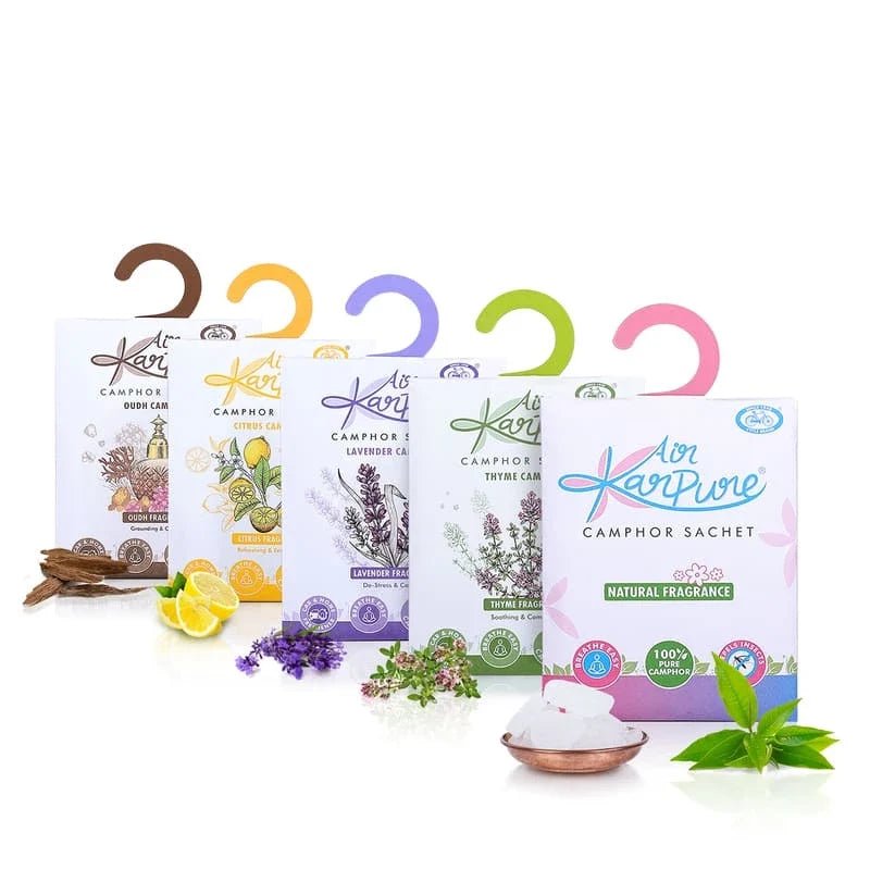 Camphor Sachet Combo Oudh, Citrus, Lavender, Thyme & Pure Camphor Diffuser