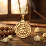 Om gold plated pendant with premium IGP coating featuring sacred Om symbol – spiritual pendant for daily wear and meditation. India’s Largest Pooja Accessories Brand - www.satvikstore.in