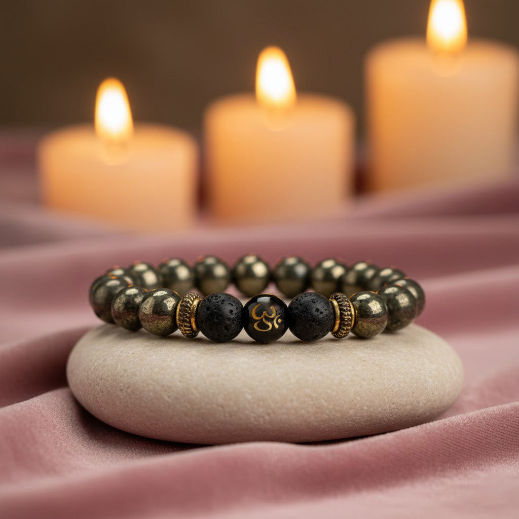 om raw pyrite lava healing stone bracelet for wealth grounding and protection. India’s Largest Puja Accessories Brand- www.satvikstore.in