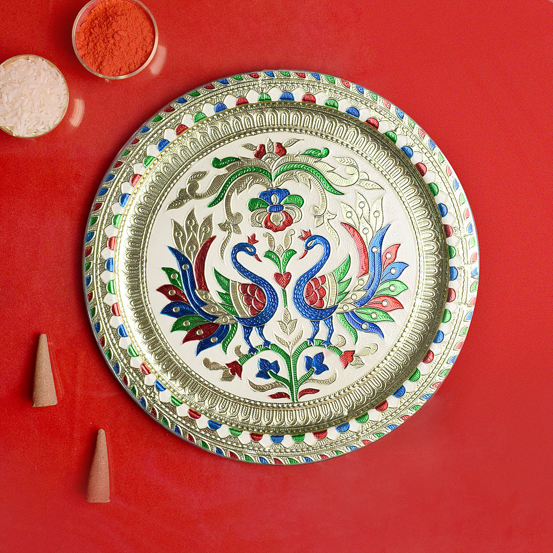 Peacock embossed puja thali with intricate festive design, ideal for Diwali and Karwa Chauth rituals and celebrations India’s Largest Pooja Accessories Brand – www.satvikstore.in

