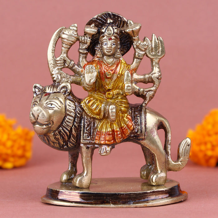 4.9 Inch Fascinating Brass Sherawali Mata Idol seated on lion, intricately handcrafted with rich details and divine aura – perfect for temple worship, Navratri puja, and spiritual home décor No.1 Brass Idol Store www.satvikstore.in 