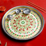 Printed stainless steel aarti plate set with traditional Hindu motifs, perfect for pooja rituals and festive offerings India’s Largest Pooja Accessories Brand – www.satvikstore.in

 