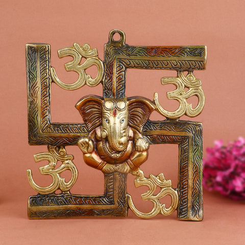 7.6 Inch Alluring Pure Brass Om Swastik Ganesh Wall Hanging – Sacred Decorative Piece for Home Entrance, Vastu, and Spiritual Wall Decor. No.1 Brass Idol Store www.satvikstore.in 